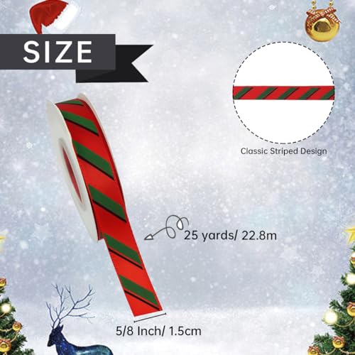 Cinta de rayas de Navidad de 25 yardas de 5/8 pulgadas, color rojo y verde, cinta de tela de sarga a rayas para decoración de árbol de Navidad, envoltura de regalos, corona, lazo para manualidades