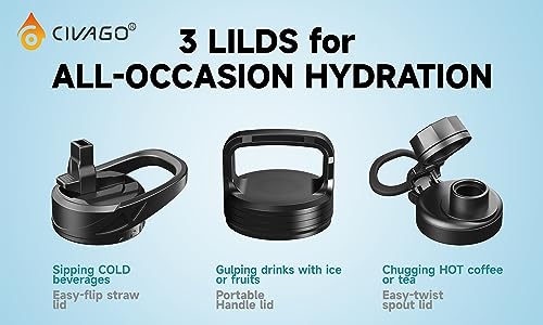 CIVAGO Botella de agua aislada de 40 onzas con pajilla, vaso de agua deportivo de acero inoxidable con 3 tapas (pajilla, boquilla y tapa de asa), taza térmica de viaje de doble pared, color noche oscura