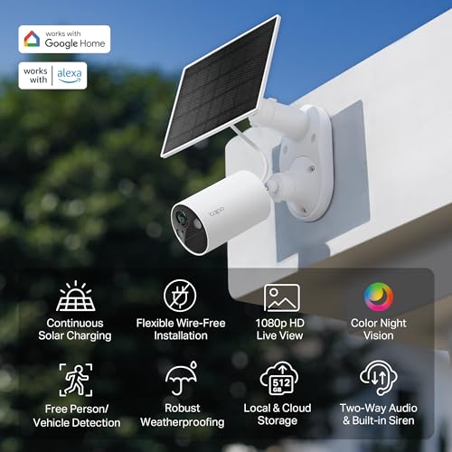 TP-Link - Kit SolarCam C402, cámara de batería para exteriores con base de panel solar, inalámbrica, 1080P, detección gratuita de personas/vehículos, almacenamiento SD/Cloud, visión nocturna a color,