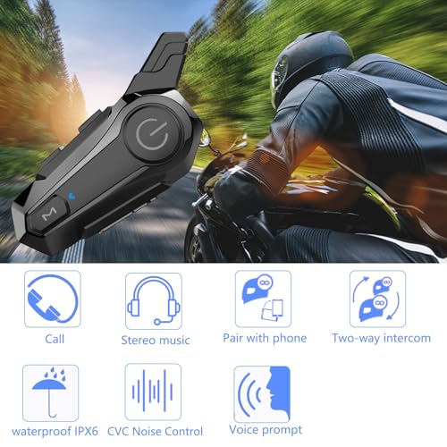 Wipeeyes - Auriculares Bluetooth para motocicleta, casco de intercomunicación con Bluetooth E1, con cancelación de ruido CVC, música estéreo IPX6, impermeable, para casco completo