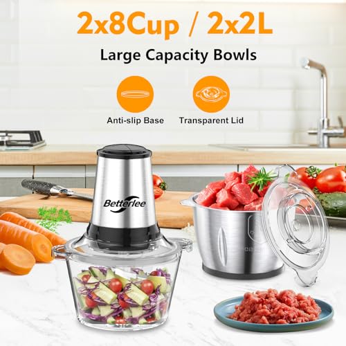 Betterlee Procesador de alimentos, picadora eléctrica de carne con dos cuencos de 8 tazas, picadora de alimentos con 1 cuchillas de dos niveles, picadora de cebolla de 2 velocidades para carnes, ajo,