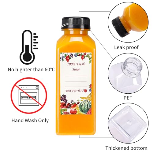SUPERLELE 20 botellas de jugo de 16 onzas, botellas de plástico con tapas, recipientes transparentes a granel para bebidas con tapas negras a prueba de manipulaciones para jugos, batidos, bebidas y
