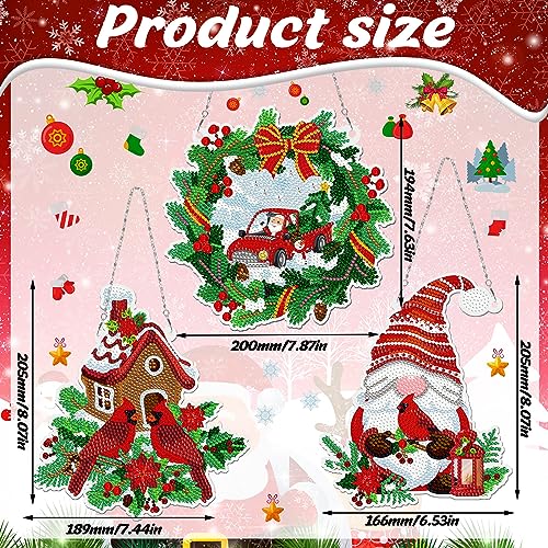 Sintuff Juego de 3 carteles colgantes de pintura de diamantes de Navidad, diseño de pájaros gnomos, arte de diamante, arte de pared para bricolaje, 5D, corona de diamantes de imitación de cristal,