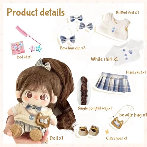 GNATAPIAY Muñeca de felpa de algodón de 7.9 in con juego de ropa, muñecas Kawaii de peluche suave con peluca, linda muñeca de algodón de pelo largo para niña, regalo de cumpleaños (uniforme