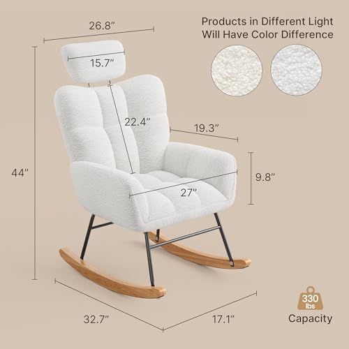 Gizoon Mecedora para guardería con reposacabezas ajustable, silla mecedora tapizada de peluche con respaldo alto, silla de enfermería moderna reclinable para sala de estar, dormitorio, guardería,