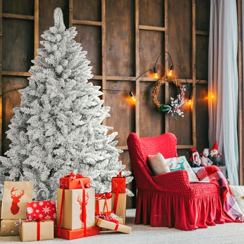 Incbruce Árbol de Navidad artificial de 7 pies, árbol de Navidad con 1,000 puntas de rama, árbol de Navidad flocado con base estable de metal para decoración navideña en interiores y exteriores
