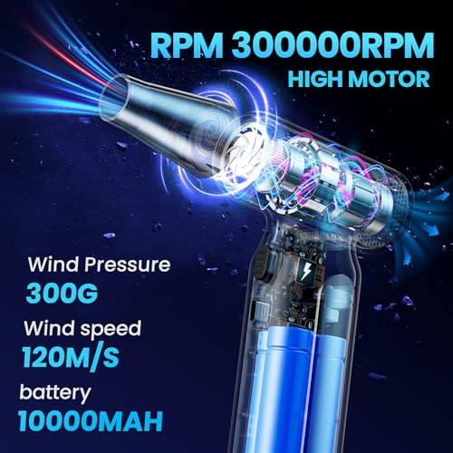 Plumero de aire comprimido, mini soplador, ventilador turbo- 300000 rpm plumero eléctrico - Kit de limpieza de teclado, no enlatado, reemplaza la lata de aire comprimido, soplador de secado a chorro -