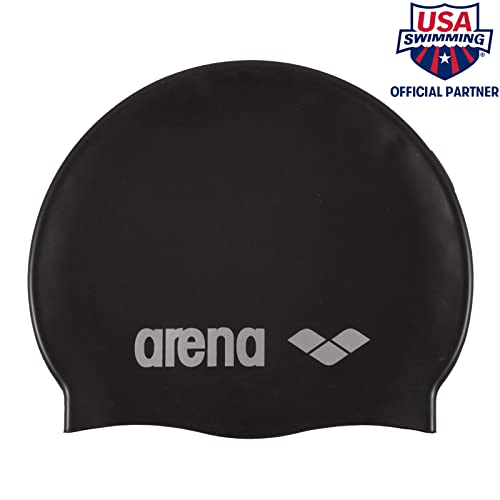 Arena Gorra de natación clásica unisex de silicona suave para mujeres y hombres, entrenamiento intensivo y carreras, cómodo sombrero de natación de pelo largo, antideslizante, negro/plateado