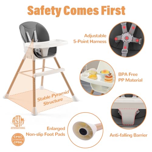 Silla alta convertible 6 en 1 para bebés y niños pequeños, silla de alimentación para bebés con patas ajustables y bandeja doble apta para lavavajillas, silla de comer para bebés con reposapiés y