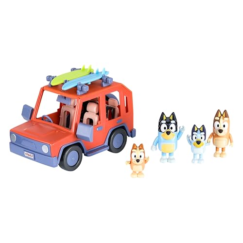Bluey Heeler Family 4WD Vehículo y paquete de 4 figuras, figuras de 2.5 a 3 pulgadas, 2 accesorios de tablas de surf y calcomanías | Exclusivo de Amazon