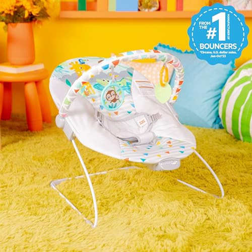 Bright Starts Baby Bouncer Soothing Vibrations - Asiento infantil extraíble, barra de juguete, pies antideslizantes, 0-6 meses hasta 20 libras (Safari Fun)