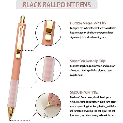 Linbsunne Bolígrafos negros de punta media de 0.039 pulgadas con agarre súper suave para hombres y mujeres, bolígrafos retráctiles (dorado, 12 unidades)