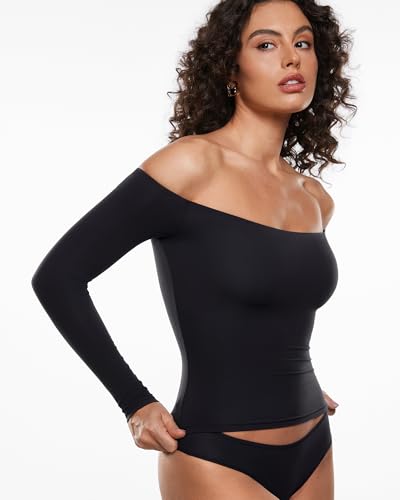 INLYRIC Camiseta de manga larga con doble forro para mujer, con hombros descubiertos, para salir, ajustada, sexy, a la moda, Negro -