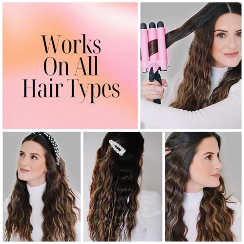 Plancha rizadora de tres barriles de Alure con exhibición de temperatura LCD, barriles de cerámica triples de la turmalina de 1 pulgada, herramienta de doble tensión de crimpado, mejor onda de cabello para PalyearLibre de ondas y frizz, Rosado
