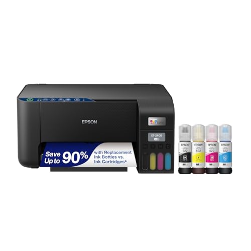 Epson EcoTank ET-2400 Impresora Supertank inalámbrica a color todo en uno sin cartucho y papel fotográfico de primera calidad SEMI-brillante (8.5 x 11 pulgadas, 20 hojas) (S041331), blanco