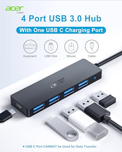 Acer - Hub USB de 4 puertos, hub múltiple USB 3.0, divisor USB A para portátil con puerto de alimentación USB C, extensor USB para portátil de puerto A, Windows, Linux, PC Acer y más (2 pies)