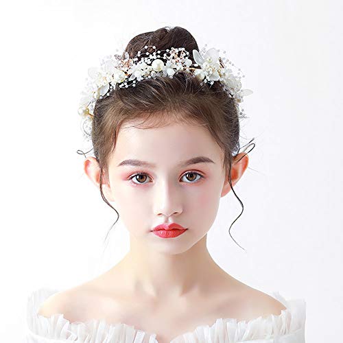 PRDGIRL Diadema de boda para niñas de flores, cuentas de cristal de perlas de diamantes de imitación, accesorios para el cabello de vid dorada para niña, princesa, halo, tiara