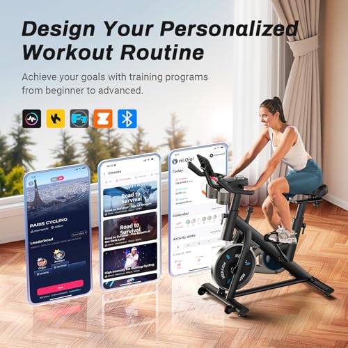 MERACH Bicicleta estática, pastilla de freno con aplicación exclusiva, bicicleta de ciclismo interior de bajo ruido con capacidad de peso de 300 libras, soporte para tableta y cursos de fitness para