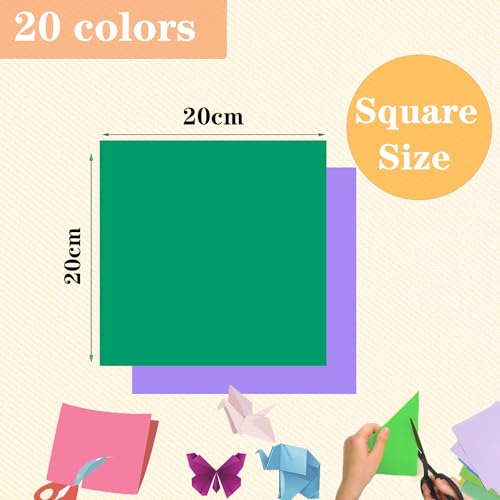 200 hojas de papel de origami, 7.9 x 7.9 in/8 pulgadas, papel de origami de doble cara (70 gsm), 20 colores grandes de papel de origami cuadrados para niños, manualidades, proyectos de manualidades,