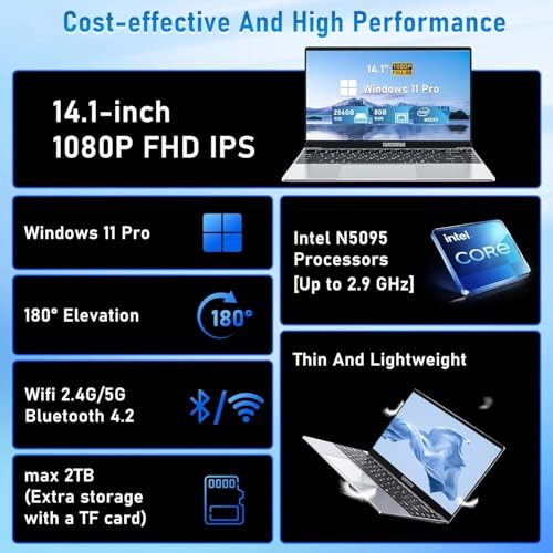 FUNYET Computadora portátil de 14 pulgadas, portátil para juegos, 16 GB de RAM 1 TB SSD, procesadores Intel Celeron N5095, FHD 1920 x 1080, Windows 11 Pro, soporta apertura de ángulo de 180.