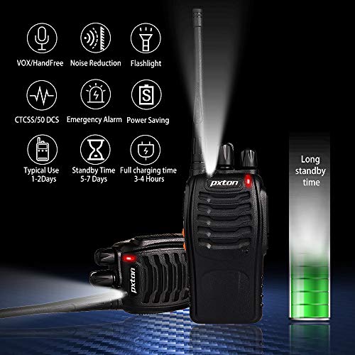 pxton Walkie Talkies de largo alcance para adultos con auriculares, 16 canales Walky Talky recargable de mano de dos vías radios con linterna batería de iones de litio y cargador (paquete de 4)
