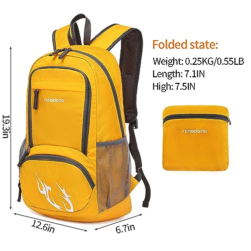 FENGDONG Mochila de senderismo de viaje plegable impermeable ligera de 35L para hombres y mujeres, color amarillo