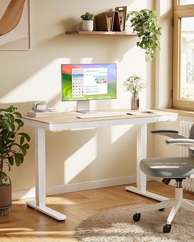 Marsail Escritorio eléctrico de pie sólido, escritorio de pie de 48 x 24 pulgadas con cajón, escritorio de pie con mesa y puertos de carga USB, escritorio de altura ajustable con almacenamiento para