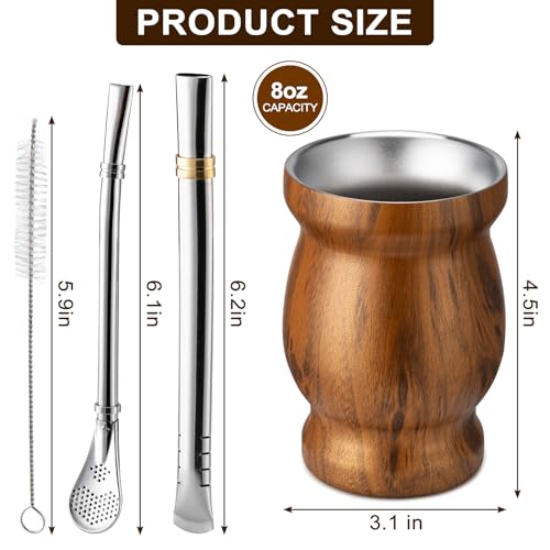 Husfunov Taza de yerba mate de 8 onzas, taza mate de doble pared de acero inoxidable 304, calabaza de yerba mate con aislamiento térmico, juego de tazas de té incluye cepillo de limpieza y 2 bombillas