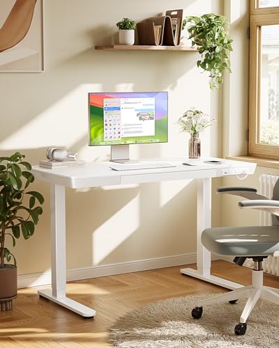 Marsail Escritorio de pie con cajón, escritorio eléctrico de pie de 48 x 24 pulgadas, escritorio eléctrico de pie de pieza entera, escritorio de altura ajustable con puertos de carga USB, escritorio