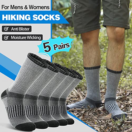 5 pares de calcetines de senderismo de lana merina, cálidos, térmicos, acogedores, acolchados, absorben la humedad, para mujeres y hombres, Gris