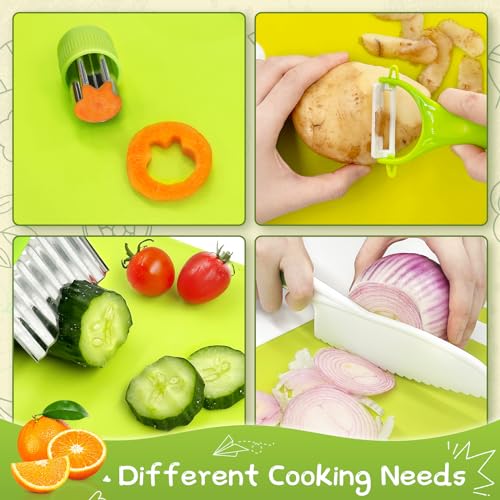 Chanking Juego de cuchillos seguros para niños de 13 piezas para cocina real, herramientas de chef de plástico Montessori para niños pequeños con colores brillantes, regalos para niños y niñas